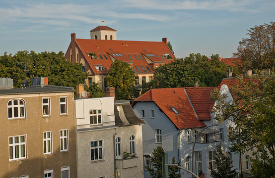 high angle view on apartment buildings and trees Karlshorst neighborhood in Berlin, Germany 