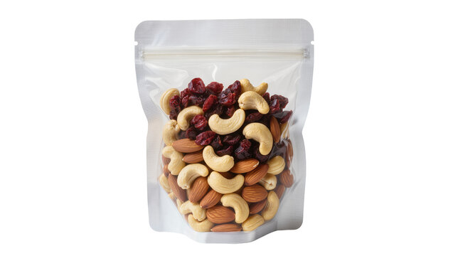 Clear resealable pouch filled with mixed nuts and dried cranberries, isolated on transparent background