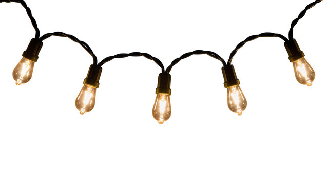 String of glowing Edison bulbs with black wire, isolated on transparent background