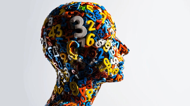 Head full of colorful digits symbolizing data processing, complex thoughts, analytics, and the digital age