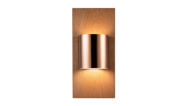 Modern copper cylinder wall lamp with wood panel, isolated on transparent background