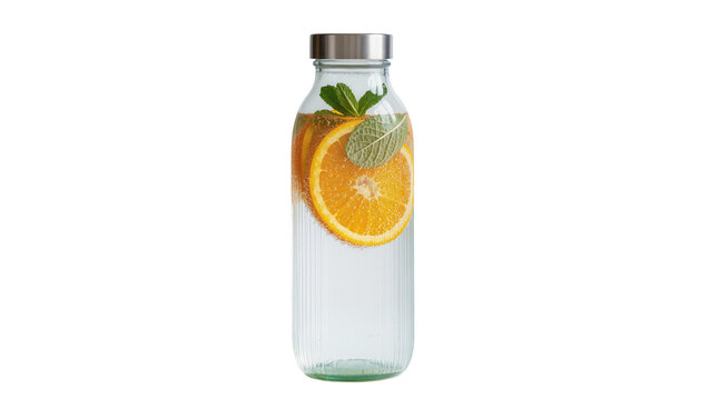 Clear glass bottle with orange slices and mint leaves, isolated on transparent background