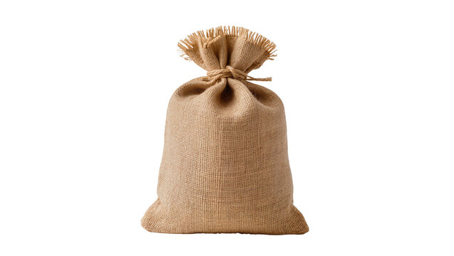 Brown burlap drawstring sack tied at the top, isolated on transparent background