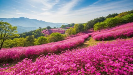 Fototapeta premium A serene landscape of a vibrant pink flower field in a mountainous area