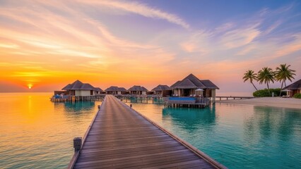 Obraz premium A serene tropical island resort at sunset with overwater bungalows and a wooden pier