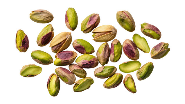 Scattered shelled and unshelled pistachios with vibrant green kernels, isolated on transparent background