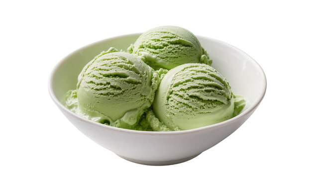 Three scoops of green matcha ice cream in a white bowl, isolated on transparent background
