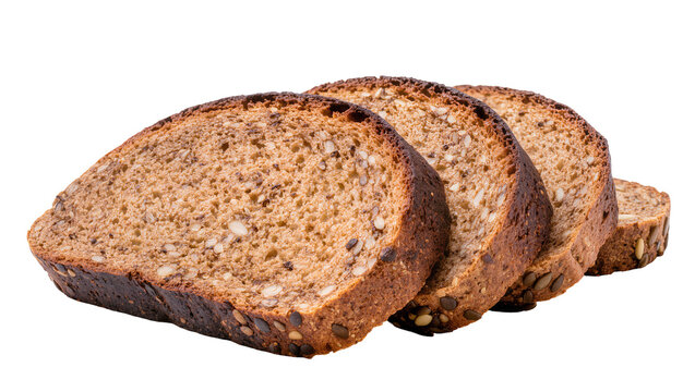 Four slices of whole grain bread with seeds, isolated on transparent background
