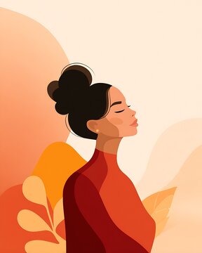 Serene profile of a woman with closed eyes in warm abstract botanical illustration