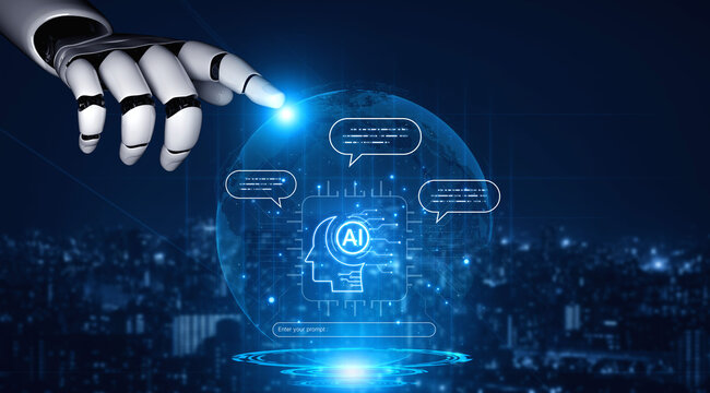 Futuristic concept of AI prompt engineering showing NLP AI neural processor unit converting text commands into intelligent AI responses. LLM, ASR conversational AI chatbot development, and NLP. Corpus