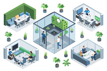 Fototapeta premium Isometric illustration of a modern open plan office workspace with employees