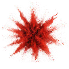 Vibrant red chili powder flakes and fine dust exploding in a chaotic spray against a minimalist transparent background culinary energy atmosphere