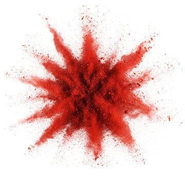 Vibrant red chili powder flakes and fine dust exploding in a chaotic spray against a minimalist transparent background culinary energy atmosphere