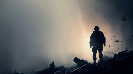 Obraz premium Soldier standing on rubble, war aftermath, post apocalyptic scene, dust and debris flying, dramatic battlefield