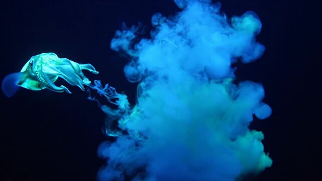 Glowing Octopus Swimming Through Blue Smoke In Dark Water