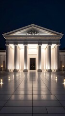 Fototapeta premium Illuminated neoclassical facade with gleaming floor fixtures at twilight hour