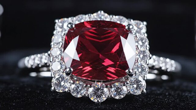 Close up of ruby and diamond engagement ring