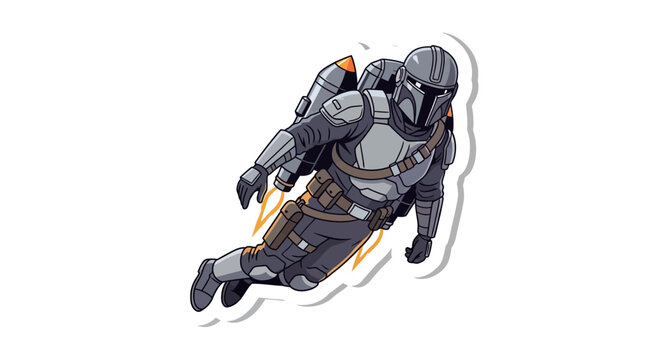 Futuristic Warrior Flying with Jetpack, Sci-Fi Character in Armor with Rocket Thrusters