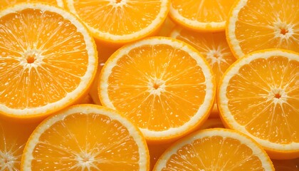 Fototapeta premium Bright juicy orange slices arranged in a fresh citrus composition, glistening pulp texture with tiny juice droplets, vibrant summer fruit concept, natural lighting, ultra-realistic detail, isolated o