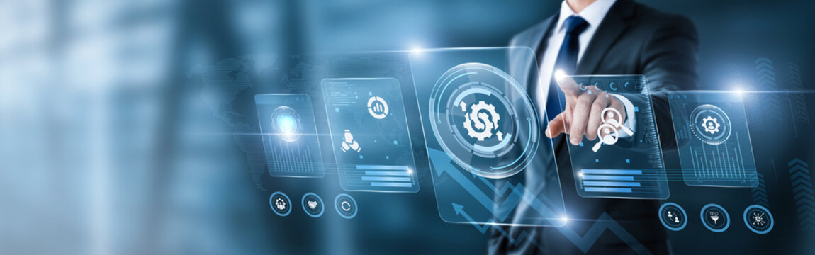 Businessman pointing at digital screen with business integration data and analytics interface. system integration, enterprise solutions, digital transformation, workflow automation