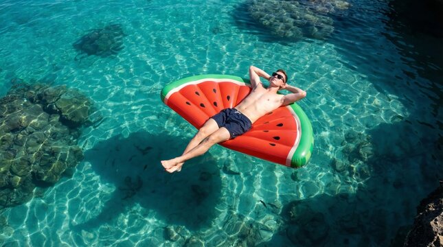 Young man enjoying summer vacation, floating on a watermelon inflatable raft in a tranquil, clear turquoise lagoon, finding relaxation and peace while soaking up the sun