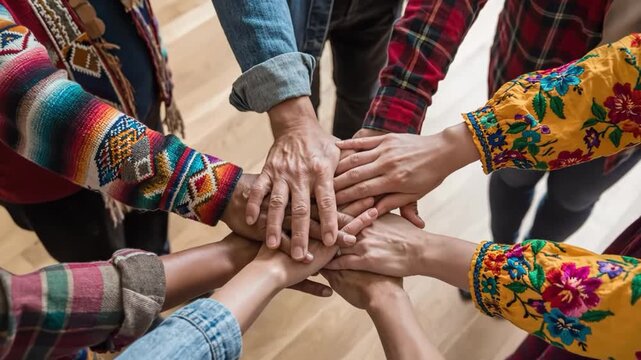 Diverse group of people stacking hands in a symbol of unity and teamwork on a wooden floor