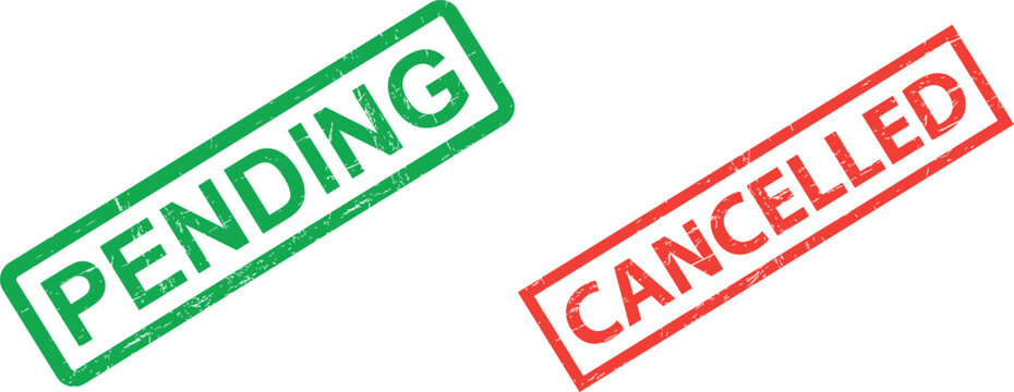 Green and red stamps with pending and cancelled text on white background for approval status  business concept