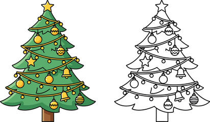 Cute Cartoon Christmas Tree with Ornaments Festive Holiday Decoration in Color and Outline © Mehrab