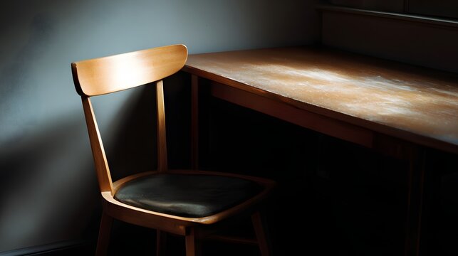 Empty desk with chair slightly pulled out.
