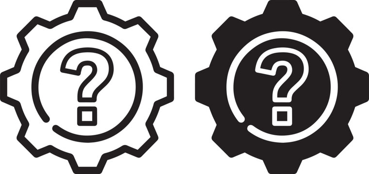 A black and white illustration of two gear icons with question marks