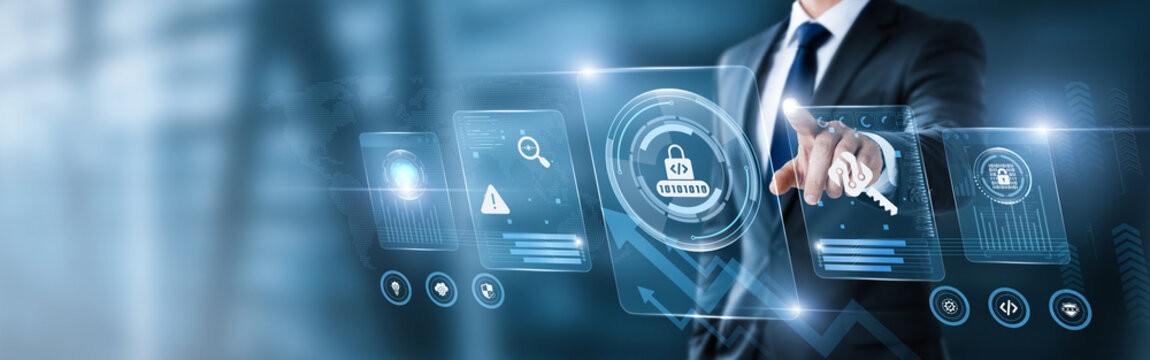 Businessman pointing at digital screen with secure coding data and analytics interface. application security, vulnerability prevention, cybersecurity coding, safe development, software protection