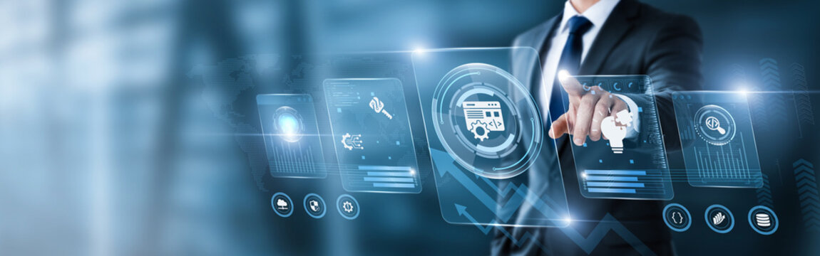 Businessman pointing at digital screen with software development data and analytics interface. coding workflow, application engineering, programming solutions, agile development, IT technology