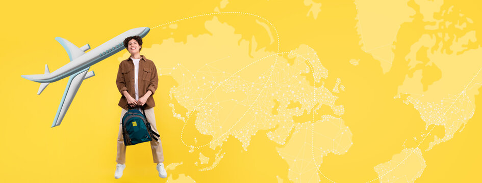 A young traveler holds a backpack and smiles as an airplane flies above a world map on a bright yellow background. The scene shows excitement for going on a journey.