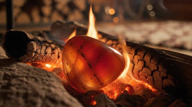 Glowing orange gemstone nestled within a burning fire