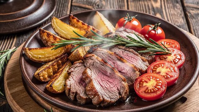 A plate of sliced meat, potatoes, and tomatoes on a wooden table