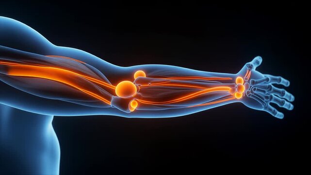 Human arm anatomy with highlighted nerves.