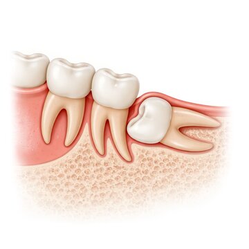 Impacted wisdom tooth. For dental education, explaining surgical extraction procedures, oral health issues, and orthodontic complications