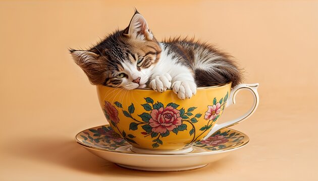A tiny tabby kitten comfortably nestled inside a vintage floral teacup on a saucer