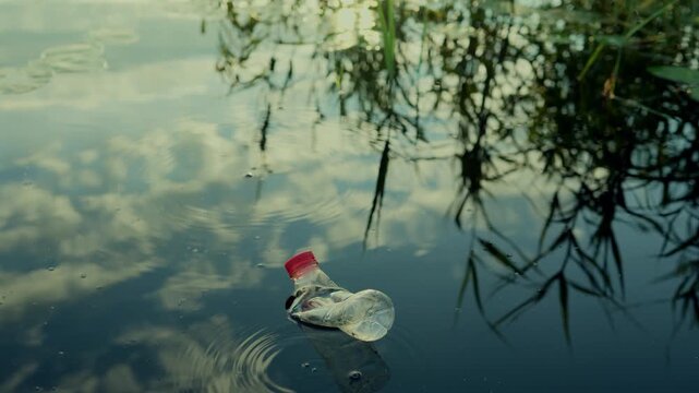 Plastic pollution in lake. Ocean waste pollution, marine debris. Marine litter. Garbage plastic bottle in river. Plastic marine debris. Marine plastic pollution. Microplastics groundwater poisoning.