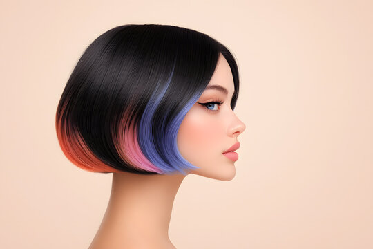 Colorful undercut bob profile portrait, Young caucasian woman beauty model, Pink blue ombre hair detail, Minimal beige background, Creative fashion concept, Modern salon hairstyle, Commercial headshot