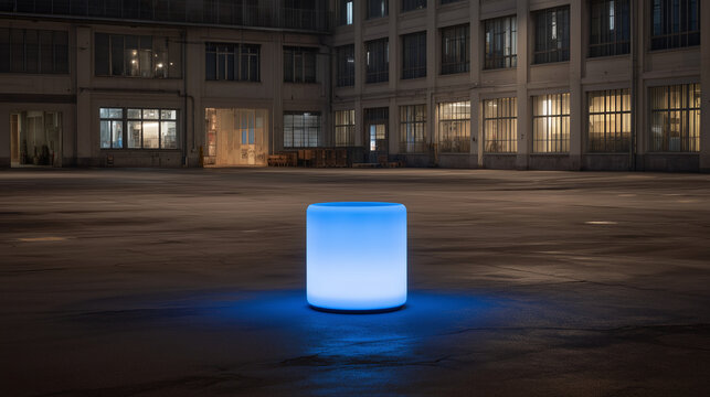 Glowing blue cylindrical battery storage tower in an open industrial yard at night, electric blue light spilling onto wet concrete around its base, perfect for grid-scale storage, energy infrastruct
