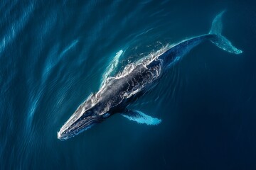 Fototapeta premium Top view of a giant whale swimming in the deep blue ocean