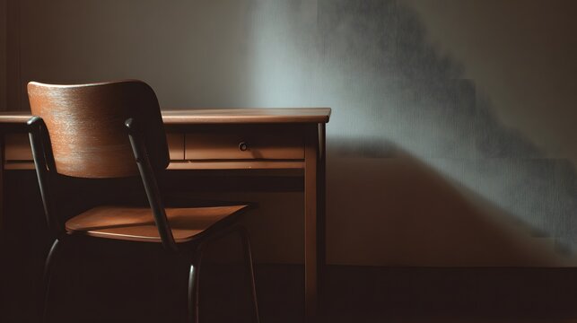 Empty desk with chair slightly pulled out.