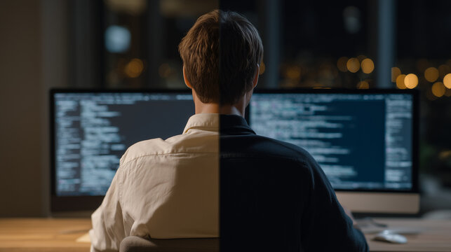 Before and after split concept showing secure encrypted message versus intercepted corrupted data on side-by-side screens in dim office, perfect for data breach prevention, cybersecurity contrast, a