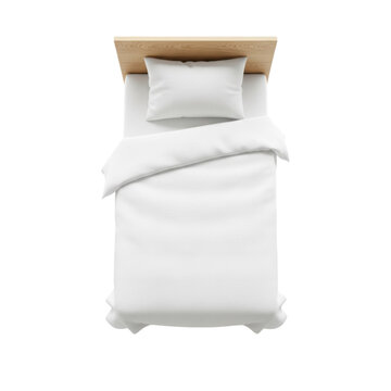 Neatly made single bed with a crisp white duvet and plump pillow against a light wood headboard on a transparent background, concept of modern simplicity