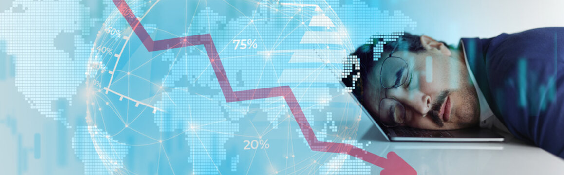A set of visuals shows a man resting his head on a desk. Behind him are charts depicting a decline in numbers over a world map. The scene reflects stress and concern.