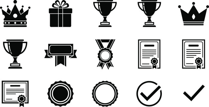 Set of black and white icons related to awards achievements and recognition on transparent background.