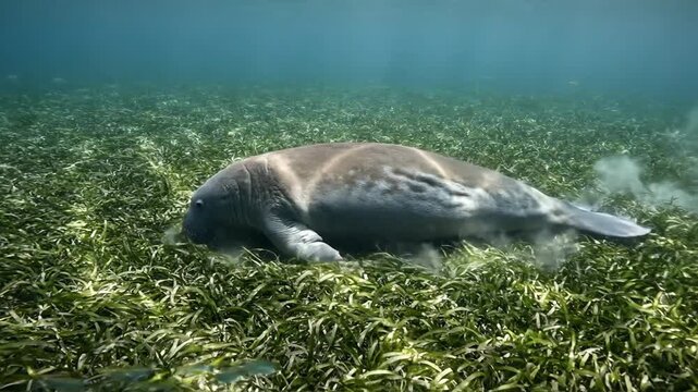 Manatee eating sea grass peacefully underwater