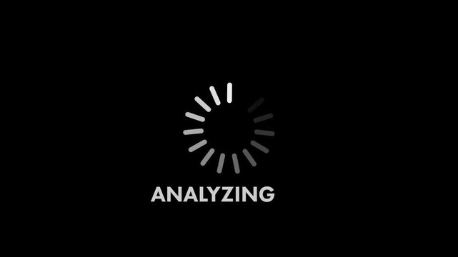 Analyzing text with rotating loading circle on black background.
