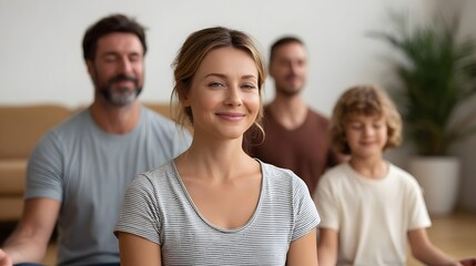 Fototapeta premium A heartwarming family portrait capturing the serene and connected moments of parents and child in a sunlit modern home setting